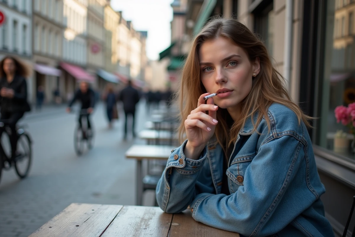 Jeune femme belge fume dans un café en ville