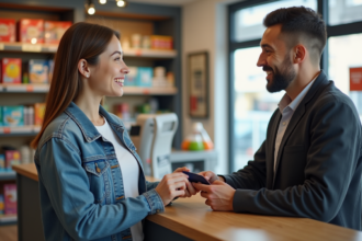Jeune femme en denim remet une carte prépayée à la caisse