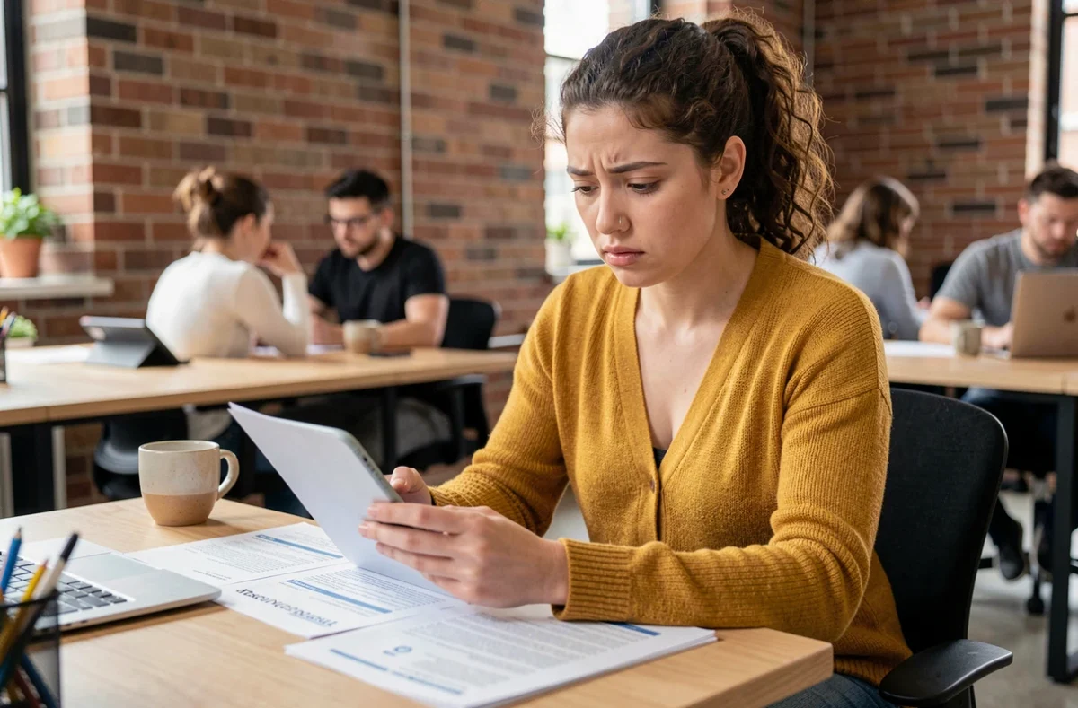 Une jeune femme consultant des documents administratifs liés au fichier préventel dans un espace de coworking