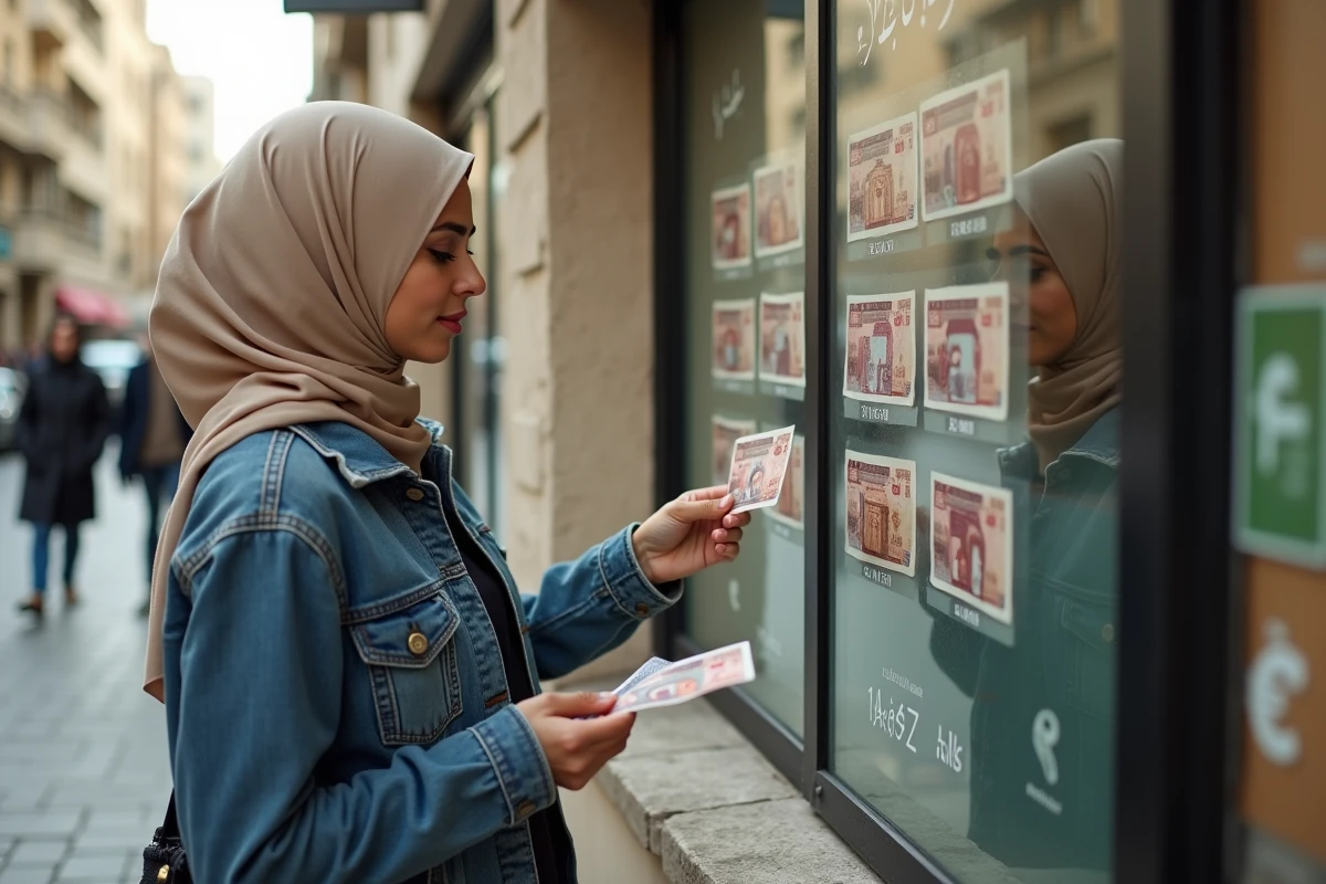 Jeune femme algérienne comparant les billets dinar en extérieur