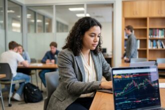 Jeune femme concentrée sur ses graphiques financiers en classe