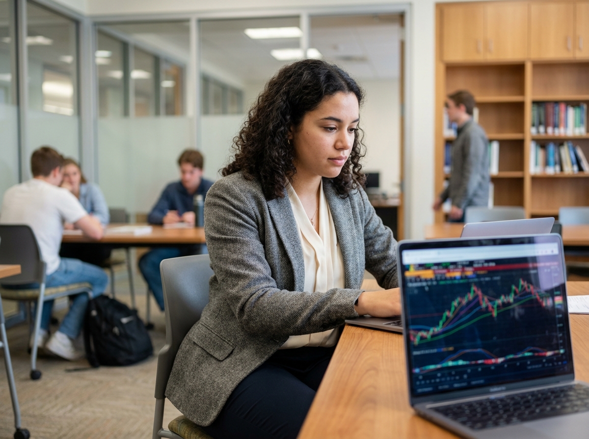 Jeune femme concentrée sur ses graphiques financiers en classe