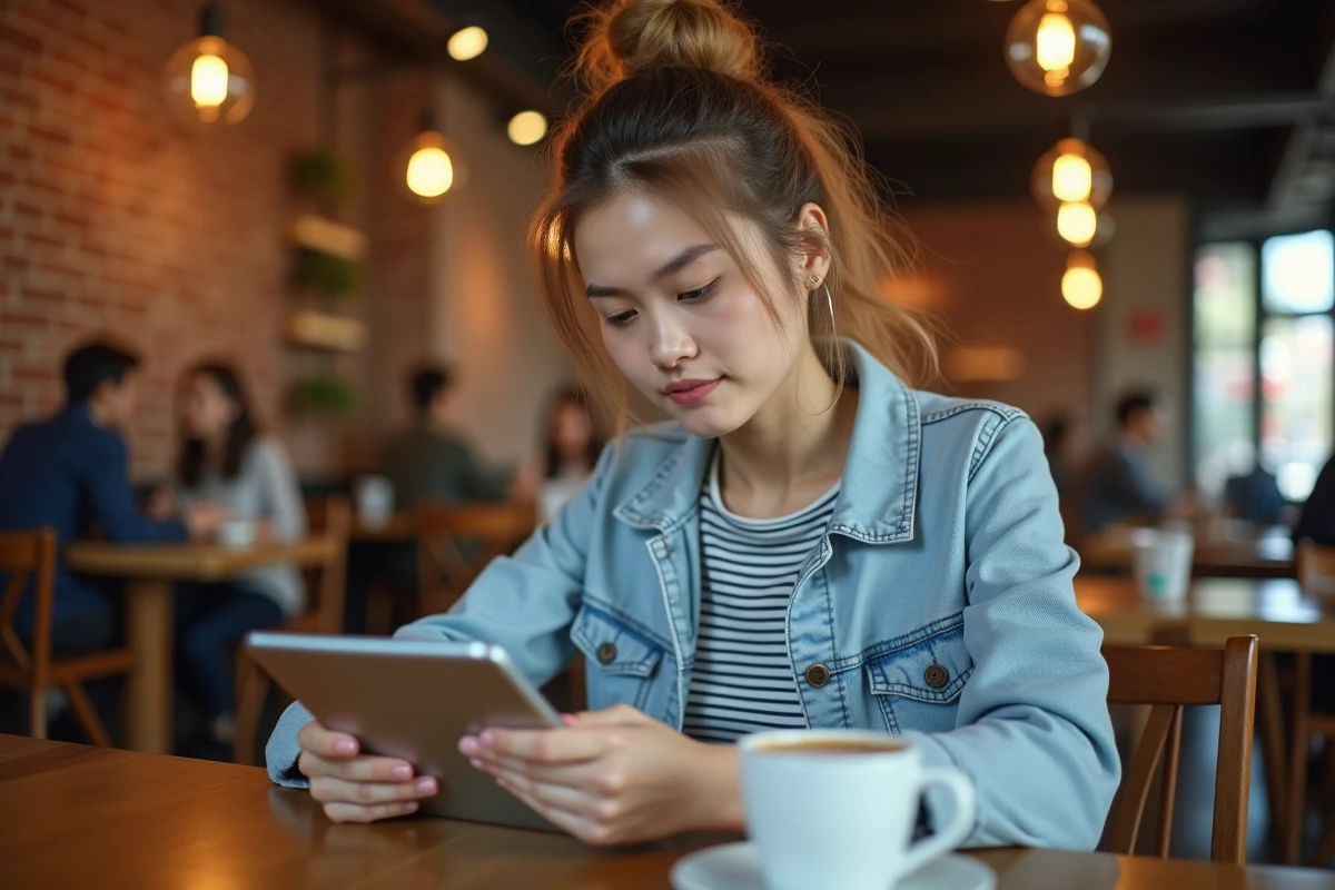 Jeune femme évaluant une plateforme de récompenses en ligne comme Swagbugs sur une tablette dans un café, avec une expression analytique et concentrée