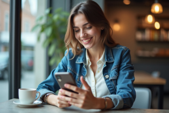 Jeune femme souriante avec smartphone et carte bancaire