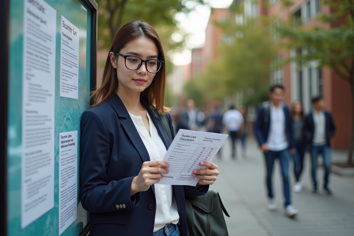 Jeune femme étudiant dans une cour universitaire en plein air