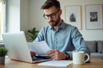 Jeune homme au bureau examinant une fiche de paie