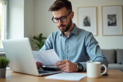 Jeune homme au bureau examinant une fiche de paie