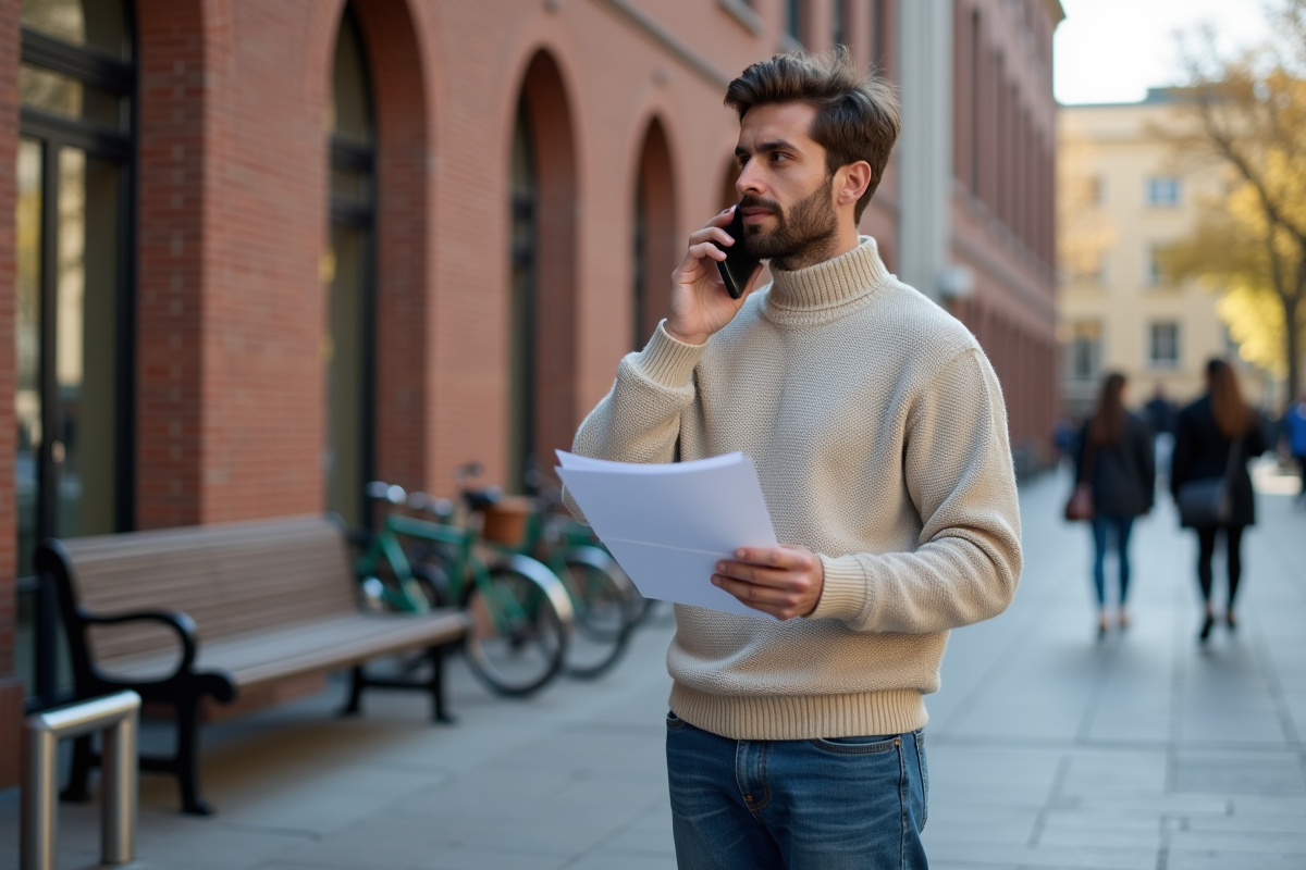 Jeune homme parlant au téléphone devant un bâtiment urbain