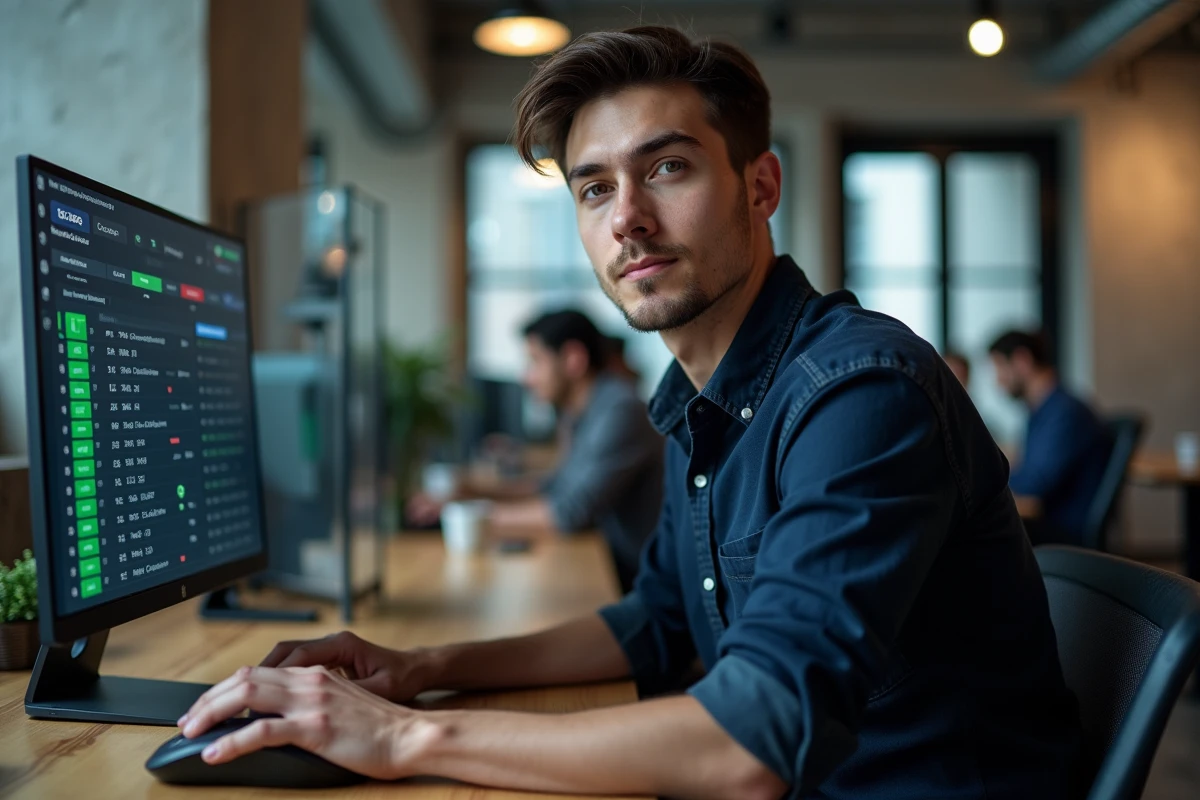 Jeune homme investisseur débutant utilisant une interface de courtage en ligne pour acheter des ETF