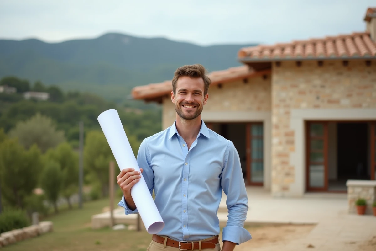 Jeune homme souriant tenant un plan devant une maison neuve en campagne