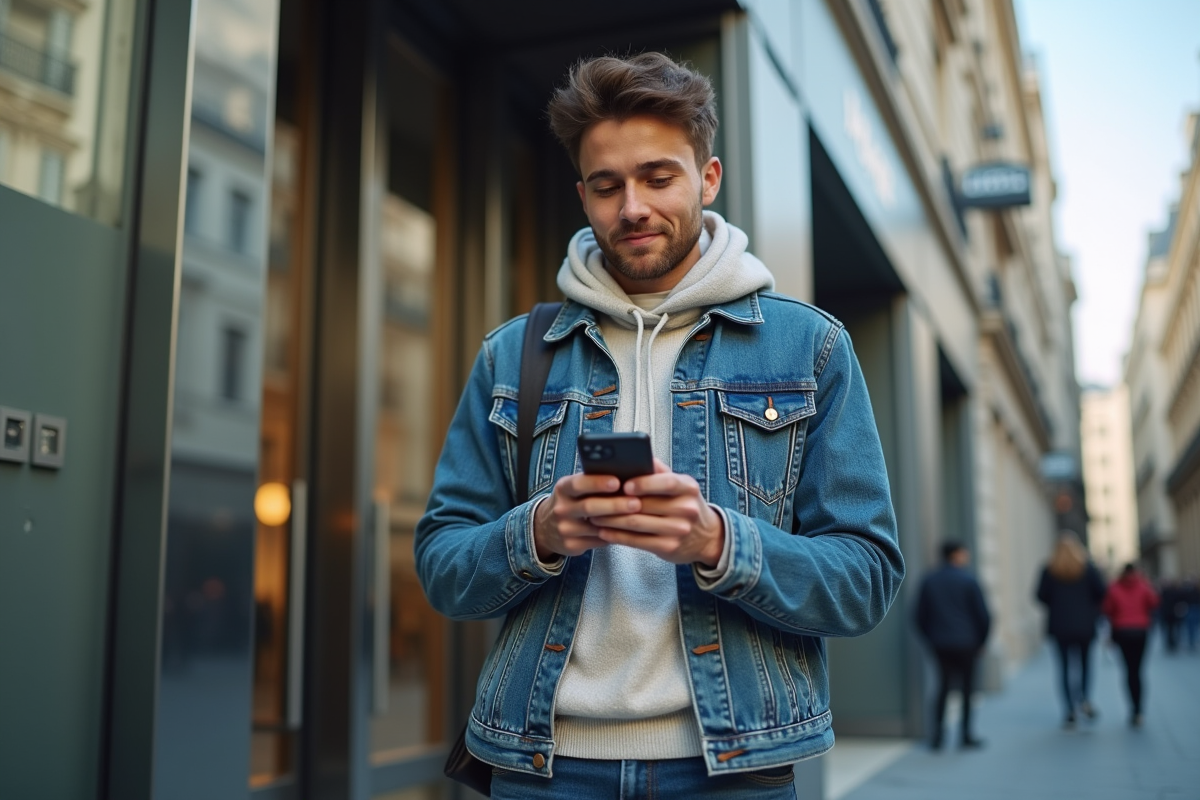 Jeune homme avec smartphone dans le quartier financier de Paris
