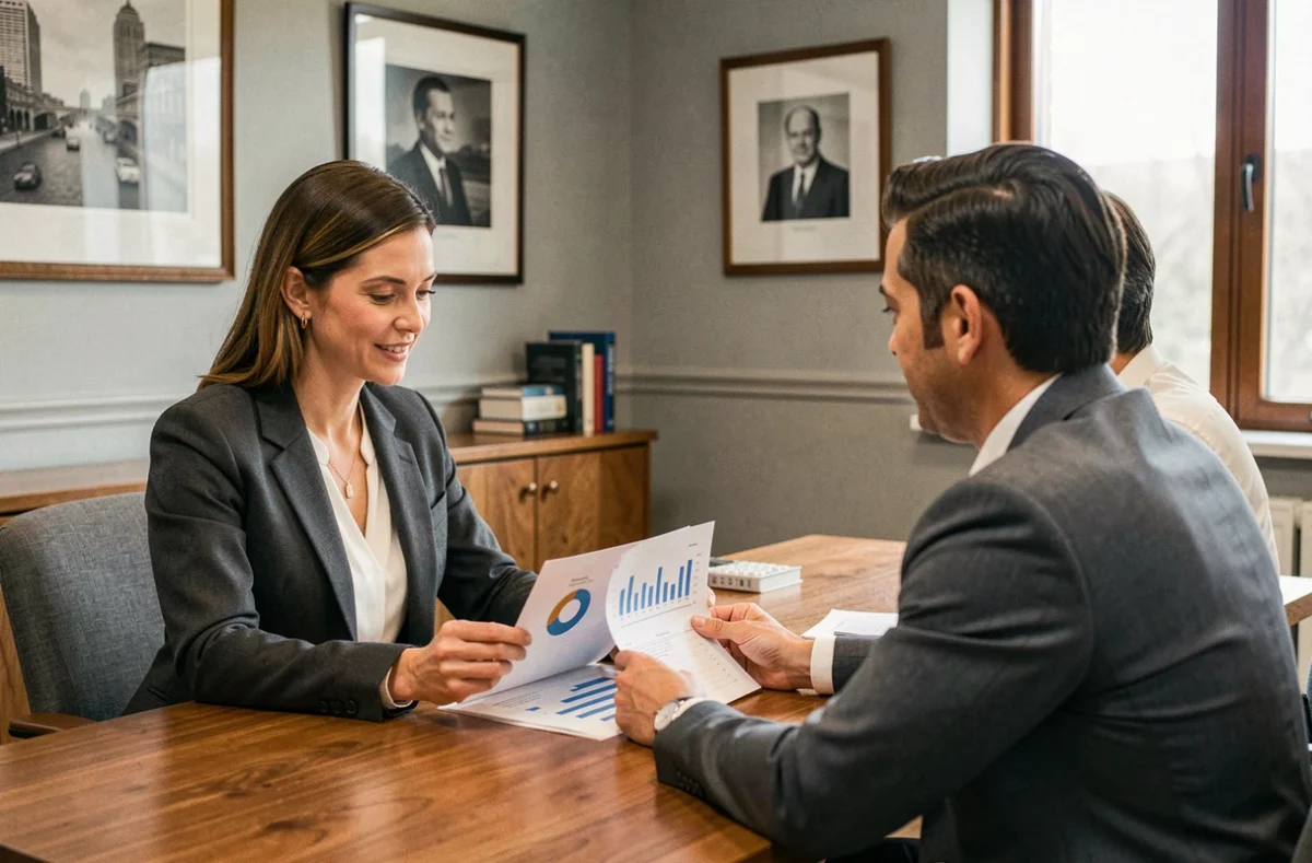 Conseillère de Lamartine CGP en réunion de conseil patrimonial avec un couple de clients