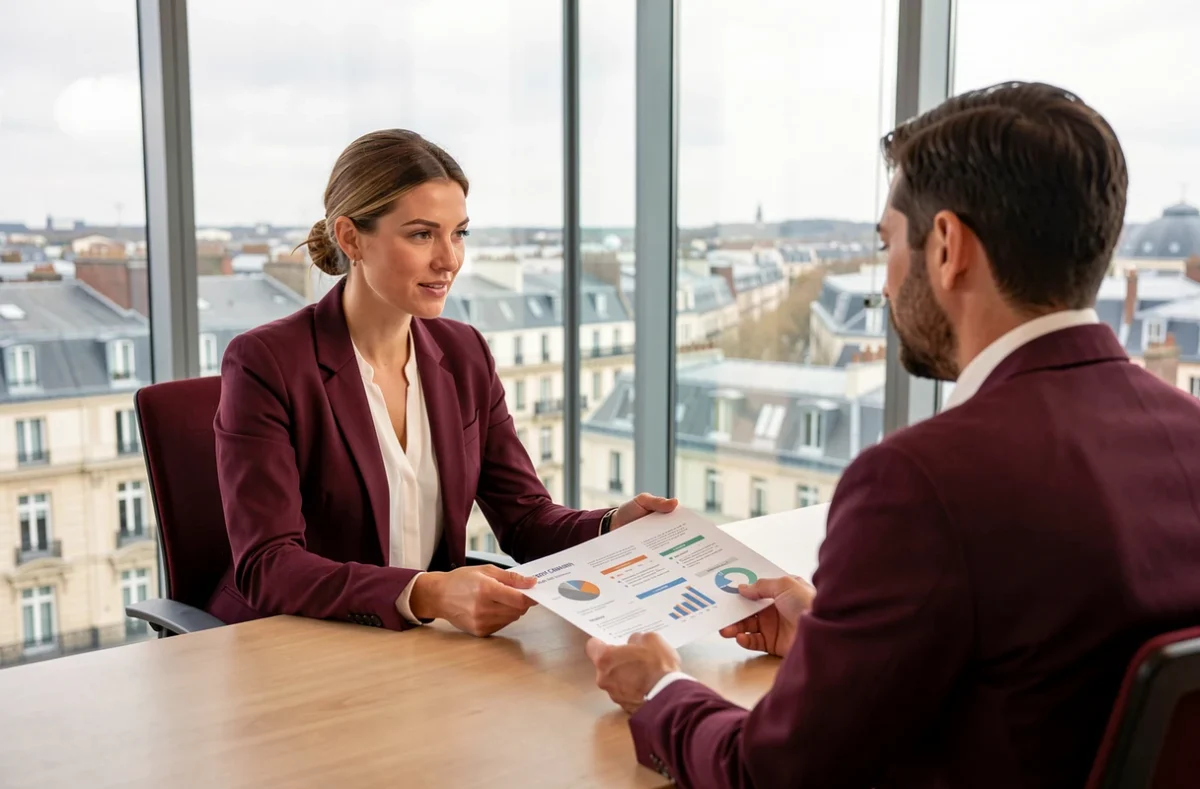 Conseillère LCS CONSEIL à Clermont-Ferrand présentant un plan financier personnalisé à un client