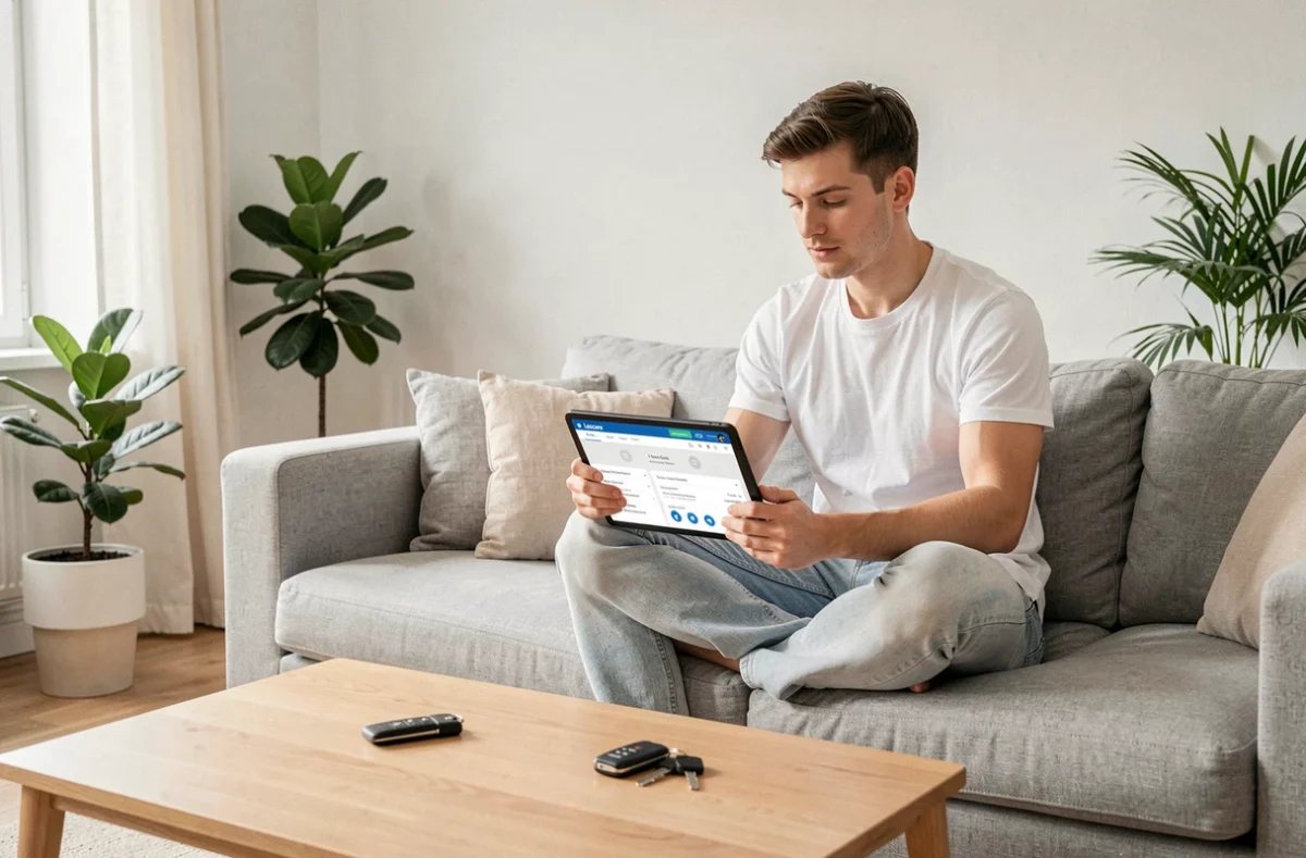 Jeune conducteur souscrivant à une assurance auto Leocare sur tablette depuis son appartement moderne
