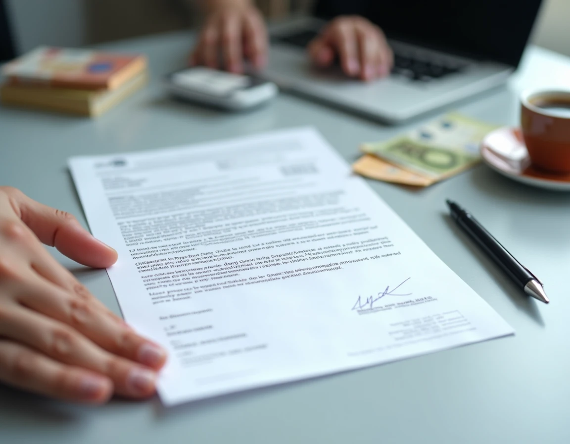 Lettre de condamnation pécuniaire posée sur un bureau avec des billets en euros symbolisant les démarches légales pour alléger une amende