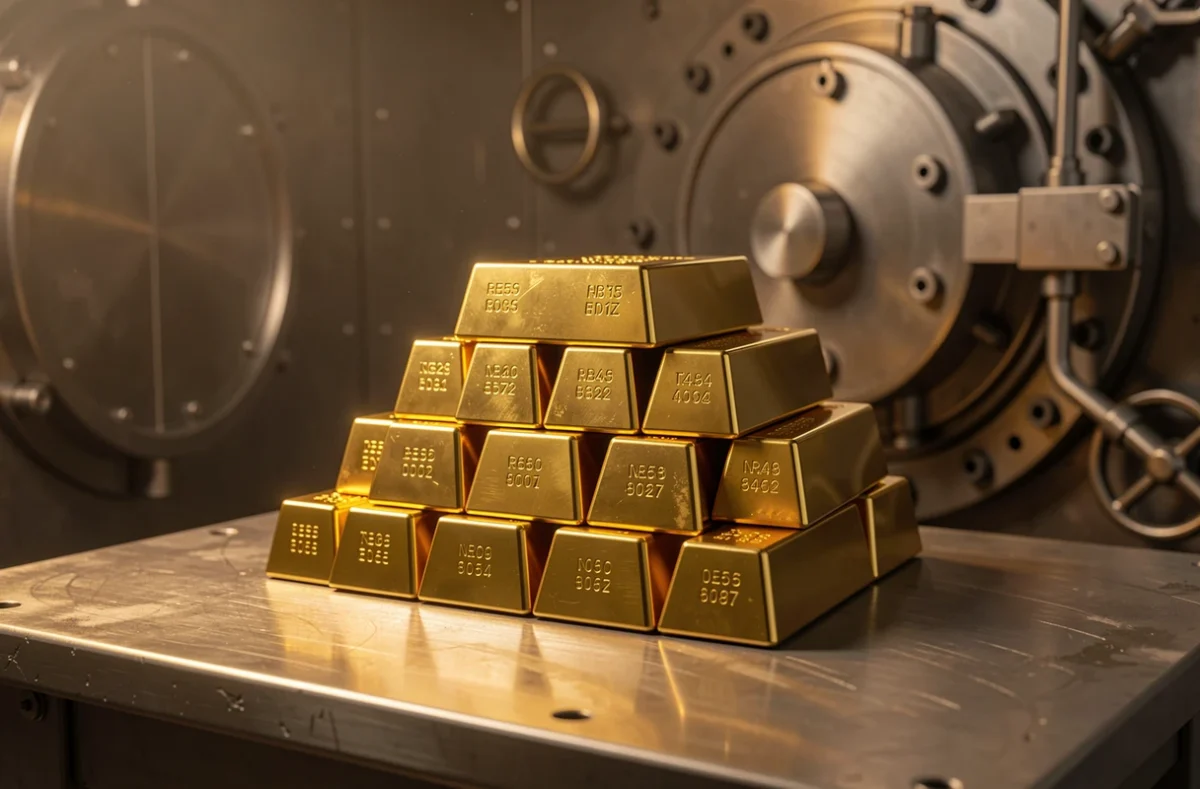 Lingots d'or empilés dans une chambre forte