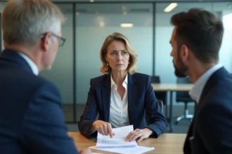 Femme en litige avec un conseiller bancaire dans une agence, pointant un document de réclamation sur un bureau professionnel