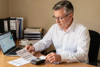 Propriétaire LMNP examinant une facture et un ticket de caisse côte à côte sur un bureau en bois pour sécuriser ses déductions fiscales