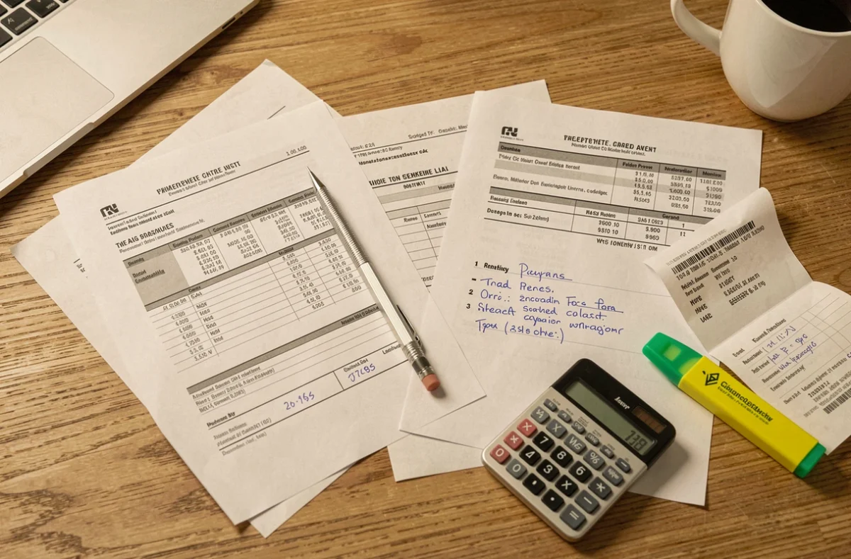 Vue aérienne de factures et tickets de caisse étalés sur un bureau avec calculatrice et surligneurs pour la gestion comptable LMNP