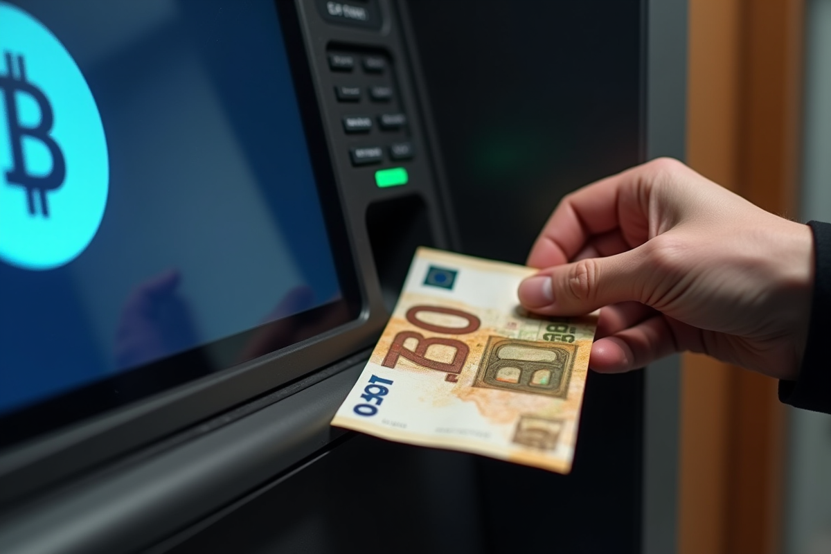Main insérant un billet euro dans un distributeur numérique avec logo crypto