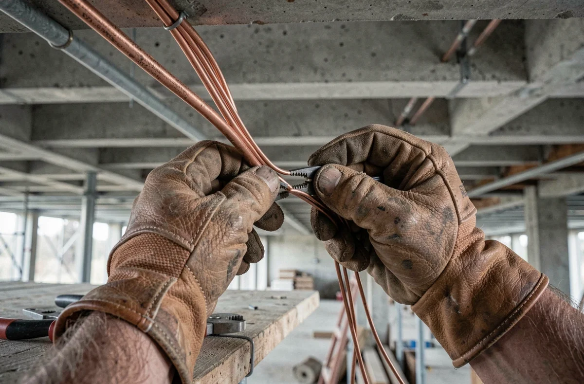 Gros plan sur les mains d'un électricien raccordant des câbles électriques en cuivre sur un chantier commercial, travaux soumis à la garantie décennale