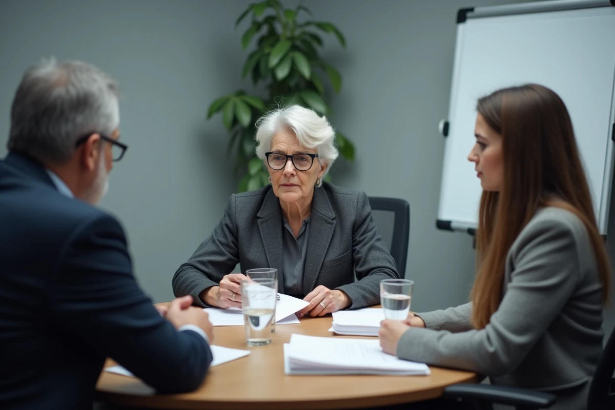 Séance de médiation bancaire entre une cliente et un représentant, supervisée par une médiatrice professionnelle autour d'une table de réunion