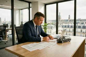 Courtier en assurance auto en Nouvelle-Aquitaine examinant des documents dans un bureau moderne avec vue sur Bordeaux