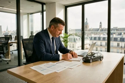 Courtier en assurance auto en Nouvelle-Aquitaine examinant des documents dans un bureau moderne avec vue sur Bordeaux
