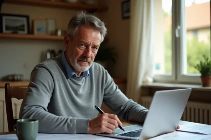 Un homme consulte ses documents fiscaux sur son ordinateur pour mensualiser ses impôts fonciers et sa taxe d'habitation