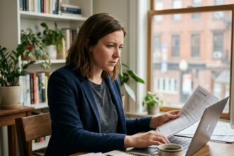 Micro-entrepreneuse analysant ses documents de chômage et revenus à son bureau à domicile