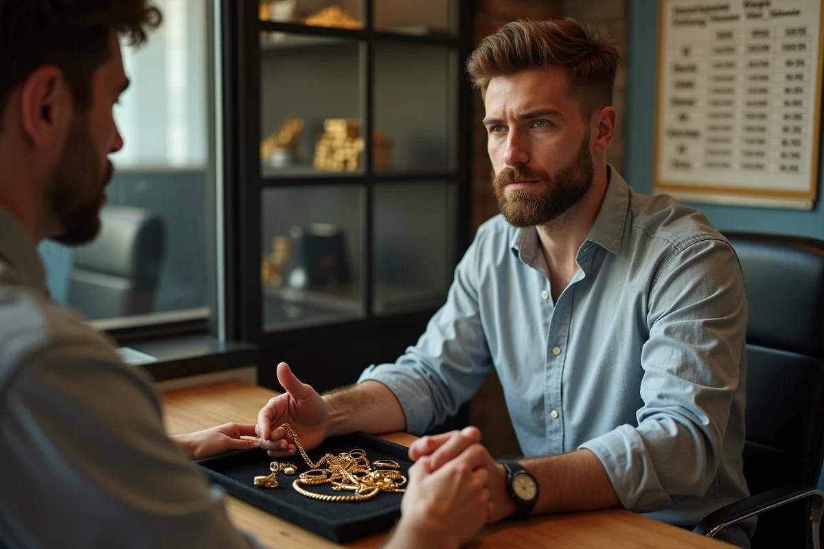 Homme déposant des bijoux en or cassés sur un plateau chez un acheteur d'or pour négocier le prix de rachat au carat