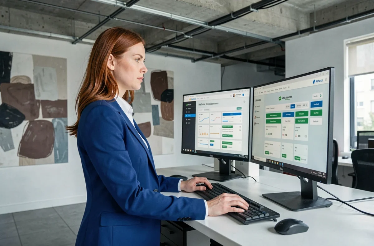 Une conseillère Netvox Assurances travaille sur un comparateur d'assurance de prêt en ligne depuis un bureau moderne à l'architecture industrielle