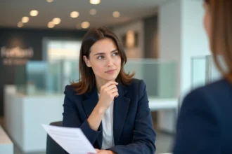 Femme examinant des documents d'ouverture de compte CIC dans une agence bancaire moderne