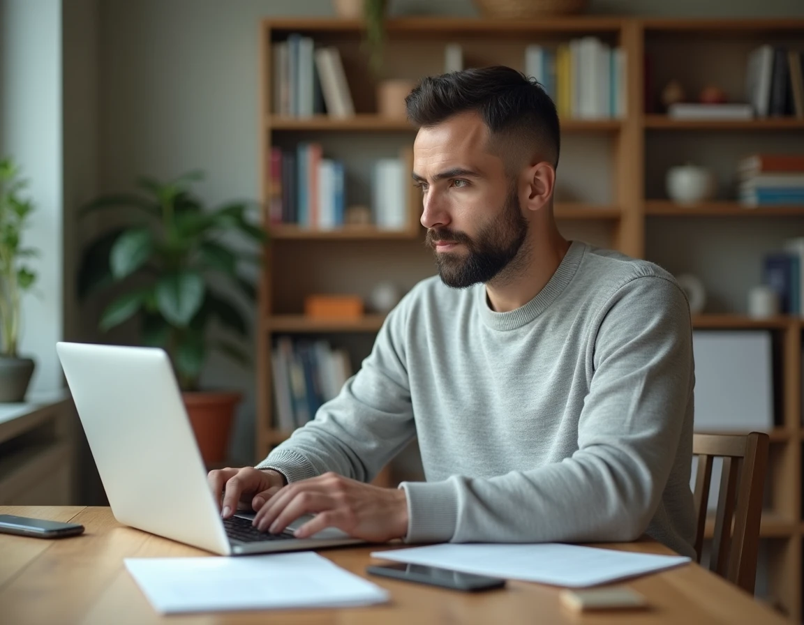 Homme complétant une demande d'ouverture de compte CIC en ligne depuis son bureau à domicile