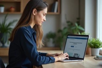 Femme vérifiant un paiement en ligne sur le site de l'URSSAF depuis son bureau à domicile
