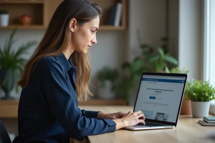 Femme vérifiant un paiement en ligne sur le site de l'URSSAF depuis son bureau à domicile