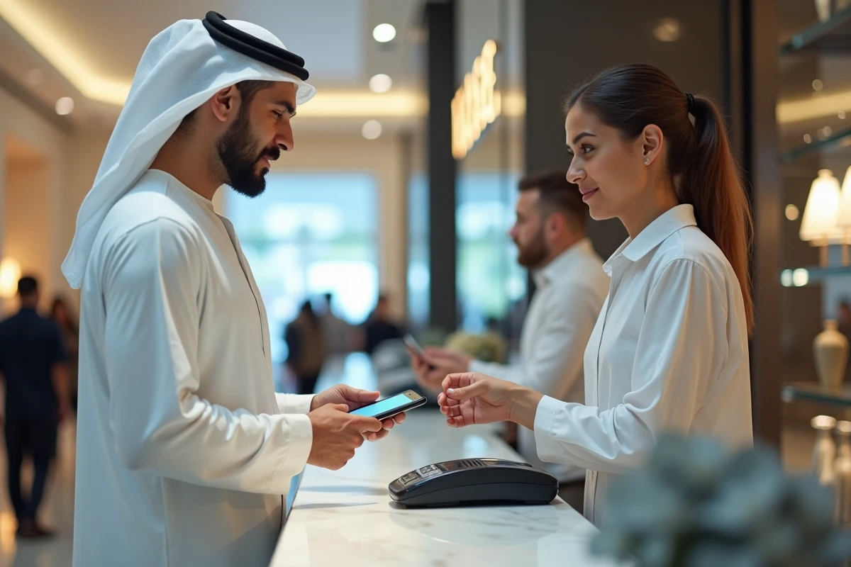 Homme en tenue traditionnelle émiratie effectuant un paiement sans contact dans un centre commercial de Dubaï