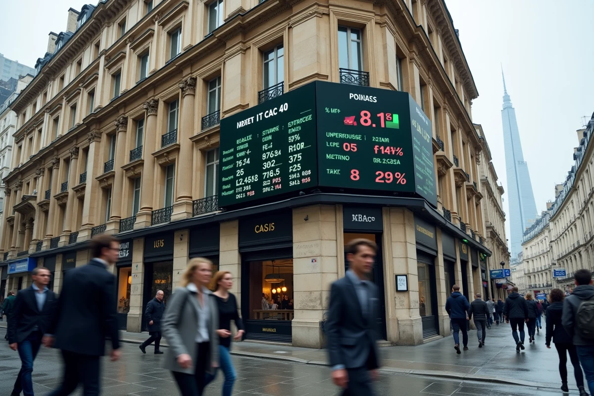 Panneau d'affichage des cours boursiers en temps réel dans le quartier financier de Paris