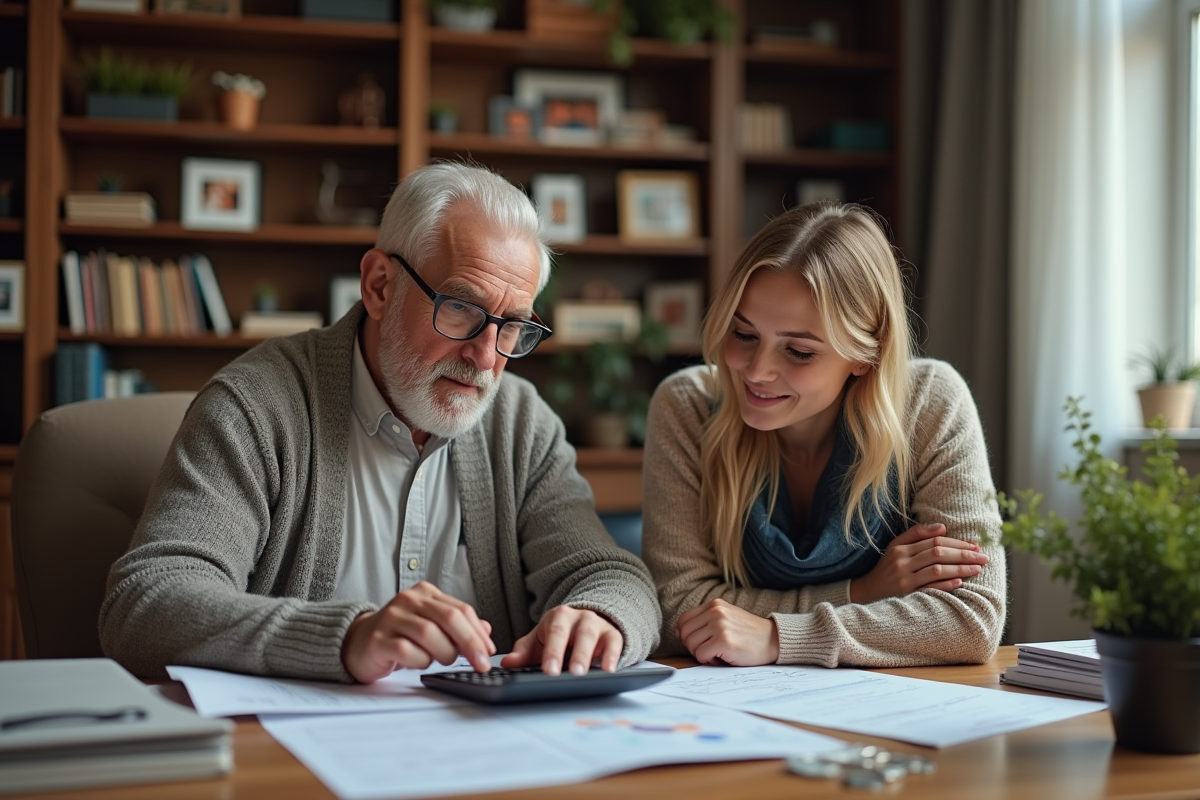 Père âgé et sa fille planifiant leurs finances à la maison