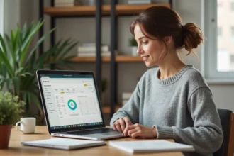 Femme paramétrant son compte en ligne Caisse d'Epargne sur un ordinateur portable pour gérer son budget depuis son bureau à domicile