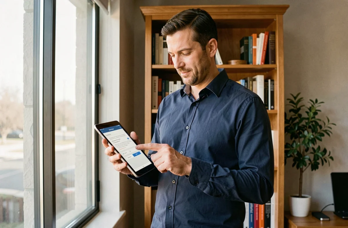 Homme en télétravail partageant un document confidentiel via une application sécurisée sur tablette