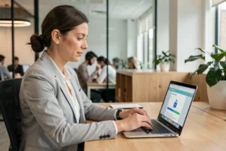 Femme professionnelle partageant un document sécurisé sur son ordinateur portable dans un bureau moderne