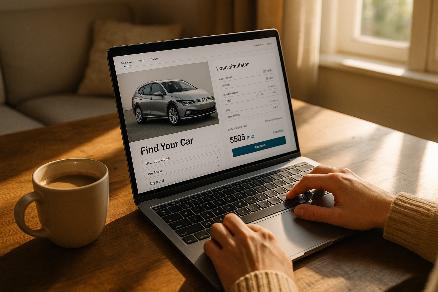 Personne utilisant un ordinateur portable pour simuler un crédit auto à la maison