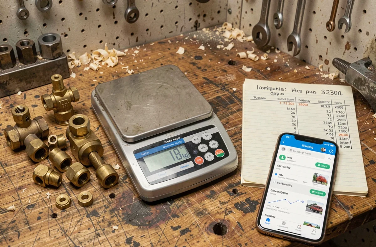 Balance numérique pesant des pièces en laiton au kilo avec application de suivi des cours sur smartphone dans un atelier