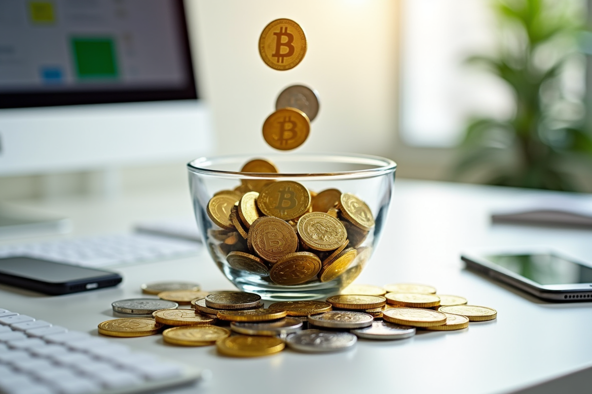 Pièces en or et argent de crypto-monnaies sur un bureau lumineux