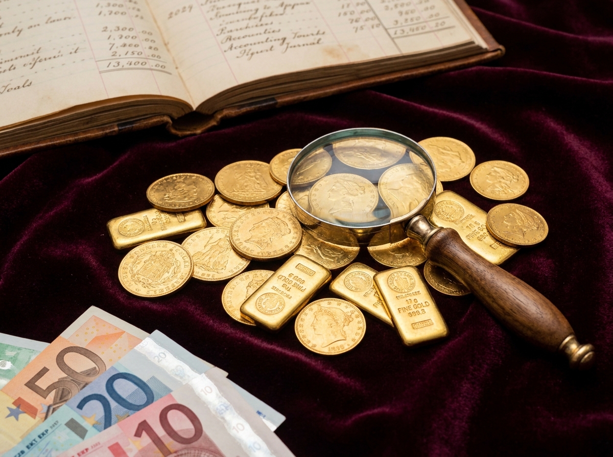 Pièces et lingots d'or sur velours bordeaux avec billets en euros, représentant l'achat d'or physique comme placement financier