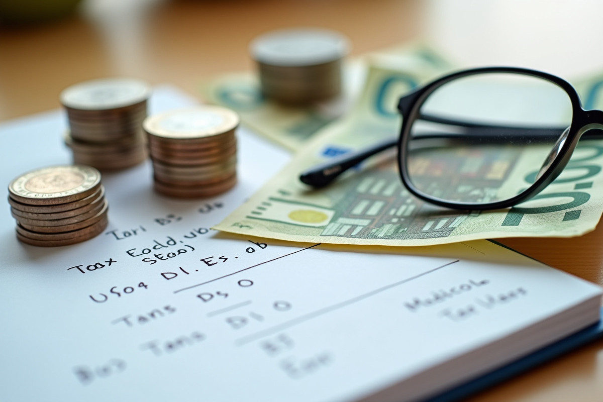 Pièces empilées et billets d euro avec notes de calculs fiscaux