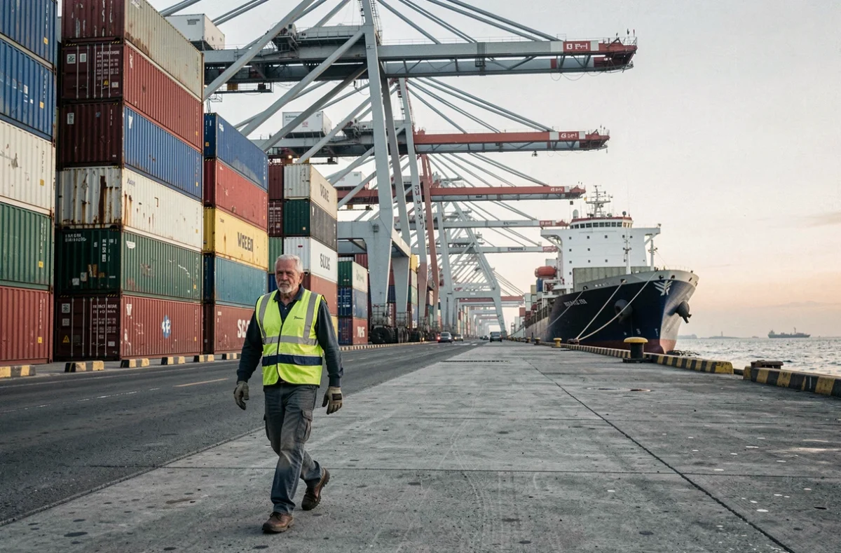 Ouvrier portuaire dans un grand port commercial mondial entouré de conteneurs de fret, symbole du commerce international et des chaînes d'approvisionnement mondiales