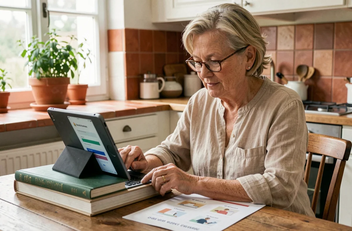 Femme d'âge mûr activant son compte pour la première fois sur une tablette dans une cuisine