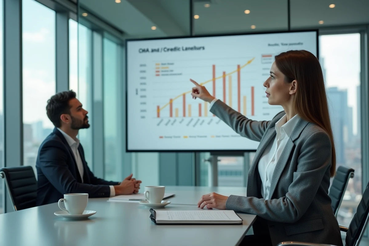Consultante en financement présentant des graphiques de Credit Monitoring Arrangement à un client dans une salle de réunion moderne avec vue sur la ville